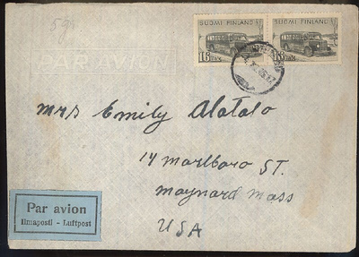 M30 1946 16mk postiauto pari lentokirje USAhan
