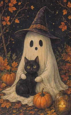 Halloween kummitus ja musta kissa