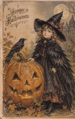 Halloween tyttö on pukeutunut korpiksi