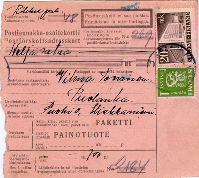 1946 pikkupaketti postiennakkona