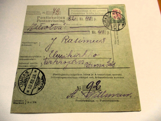 1928 Uuras postiosoitus os Uusikirkko tulol.