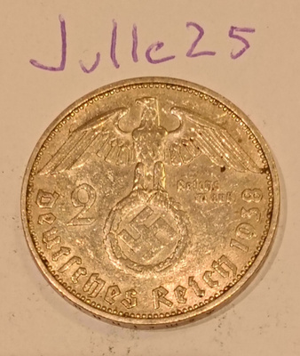 2 Reichsmark 1938 F natsisaksa hopeaa