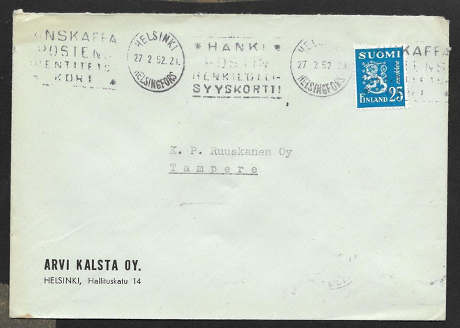 Postilähetys - Yl.m. 25mk (LAPE 401) Helsinki 27.2.1952