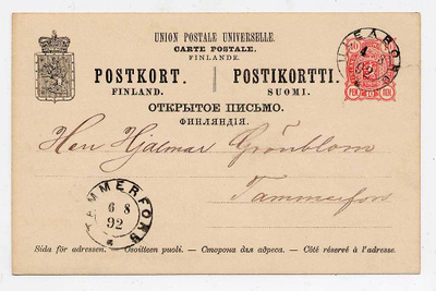 Ehiökortti 04.08.1892 Uleåborg - 06.08.1892 Tammerfors