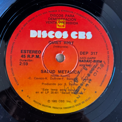 Quiet Riot : Ven Siente El Ruido / Salud Metalica 7" Promo