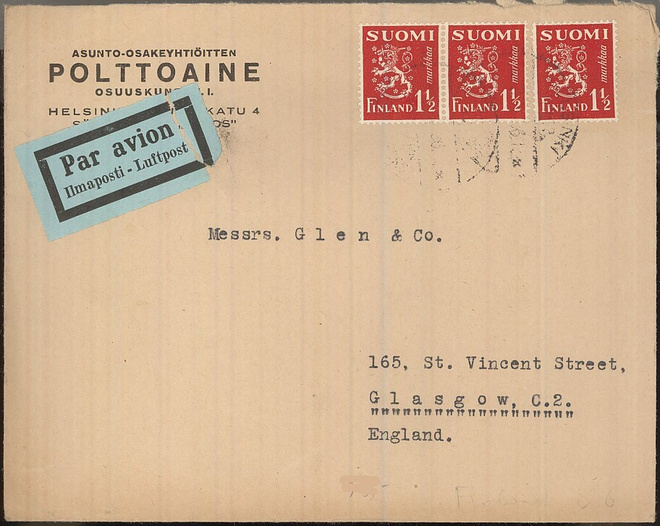 M30 1932 1,50 mk punainen 3-rivilö lentokirje Englantiin