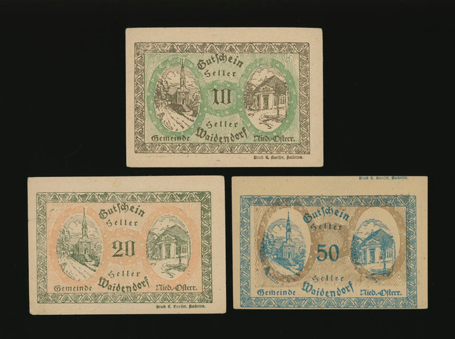Itävalta Notgeld 10, 20, 50 Heller, Waidendorf 1920