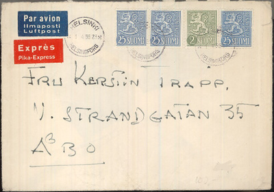 M54 1956 pikakirje Helsingistä Turkuun lentopostissa