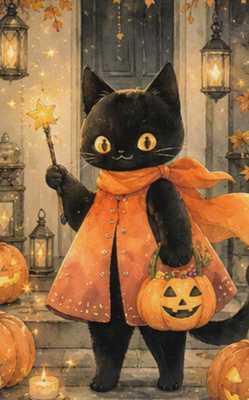 Pieni halloween-kissa taikasauva kädessä
