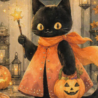 Pieni halloween-kissa taikasauva kädessä - pikkukuva 1