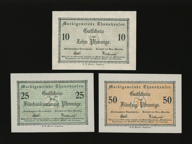 Saksa Notgeld 10, 25, 50 Pfg, Thannhausen