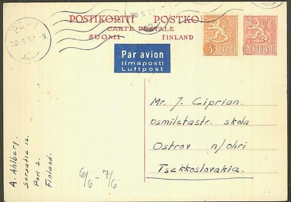1956 20(mk) ejhiö lisämerkillä lentokortti CSR:ään