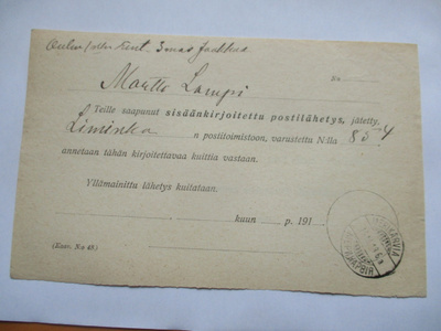 1918 Merikarvia ilmoitus rintamalähetyksestä  Oulun lohko