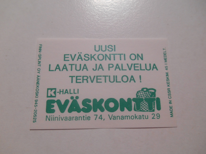 TT Etiketti K-halli Eväskontti Niinivaarantie Vanamokatu