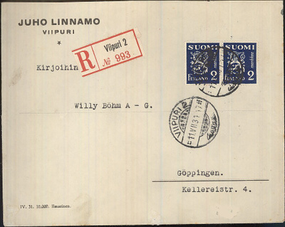 M30 1930 2mk pari kirjattu kirje Saksaan