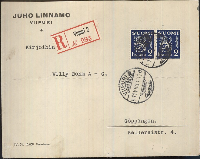 M30 1930 2mk pari kirjattu kirje Saksaan