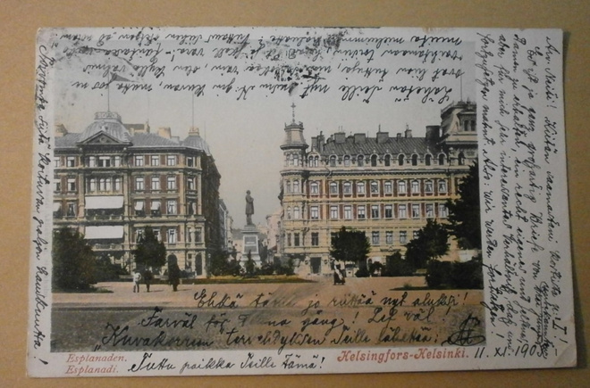 Helsinki, Esplanadia, Runebergin patsas, väripk, p. 1909