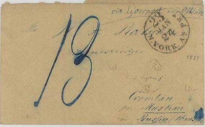 USA 1853 kirje New York:sta via Liverpool Saksaan