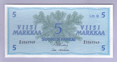 5 mk v.1963 Litt. B UNC P-106Aa (Kulberg-Hämäläinen)