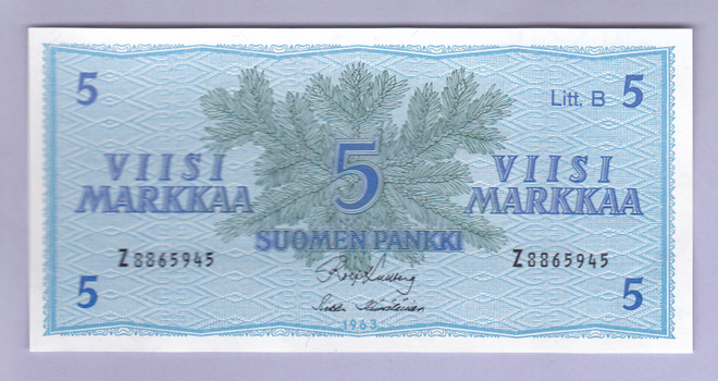 5 mk v.1963 Litt. B UNC P-106Aa (Kulberg-Hämäläinen)