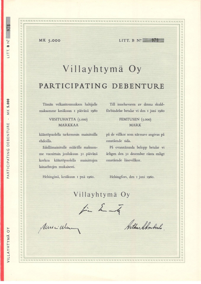 OKK obligaatio Villayhtymä 1960 Participating debenture