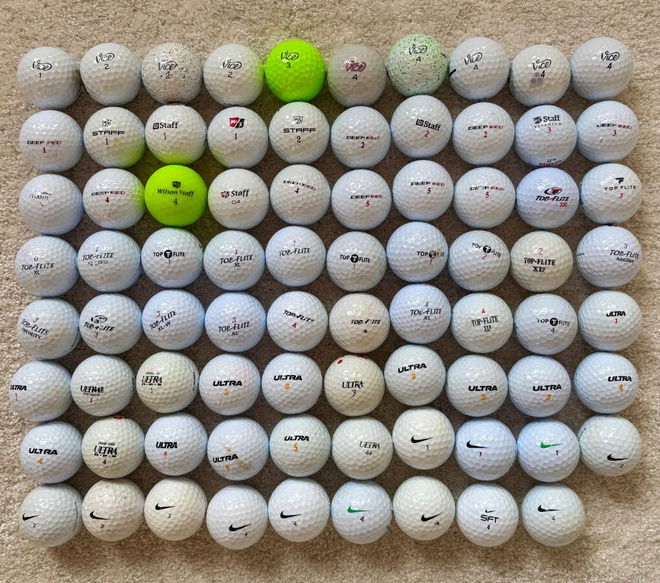 Golfpalloja, 79 kpl, käytettyjä, sekalaisia