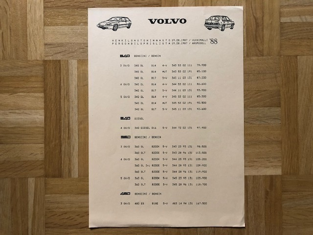Hinnasto Volvo 340 360 480, 1988. Esite