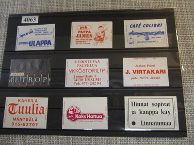 Tulitikkuetikettejä 9 kpl. Mm. Café Colibri Helsinki.