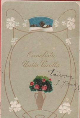 Talo talvimaisemassa, kukat maljakossa - kulk v 1907