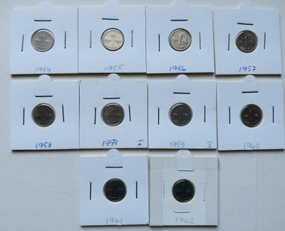 1 mk v.1954-1962, 9 eri vuotta, kl 5-7, 10 kol.