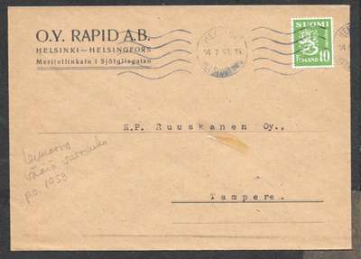 Postilähetys - 10mk yl.m. (LAPE 399) Helsinki 14.7.1951 ??