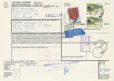 1978 lentopaketti Ruotsiin - ei maksuja Ruotsin postille