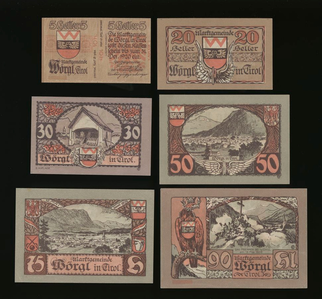 Itävalta Notgeld 10, 20, 30, 50, 75, 90 Heller, Woergl 1920