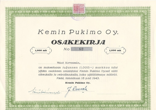 OKK 1943 Kemin Pukimo Oy, Kemi osakekirja