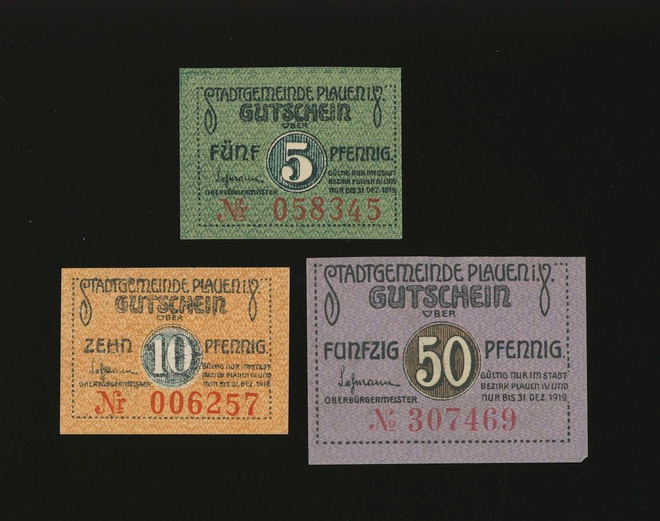 Saksa Notgeld 5, 10, 50 Pfg, Plauen 1919