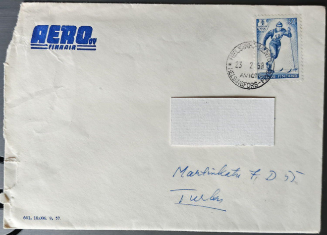 Hiihdon MM-58 -merkki Helsinki-Lento -leimalla 23.2.1958