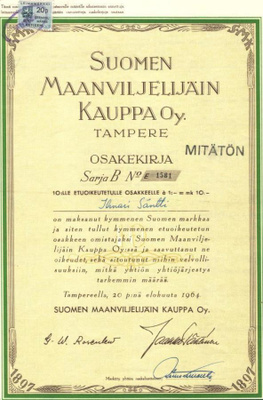 OKK 1964 Suomen Maanviljelijäin Kauppa Oy SMK Tampere osakek