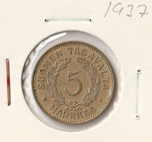 5 markkaa 1937 Alpr, erittäin hyväkuntoinen.