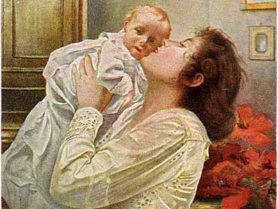 ÄITI / Äiti nostaa kastepukuisen lapsensa ilmaan. 1900-l.