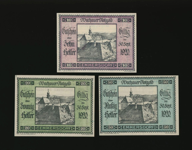 Itävalta Notgeld 10, 20, 50 Heller, Emmersdorf 1920