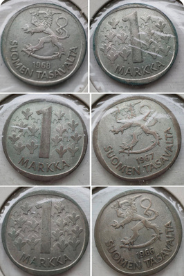 1 MARKKA (4kpl) 1966–1968 hopeaa 1969 nikkeli