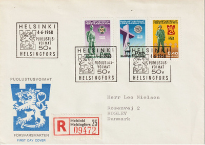 1968 Puolustusvoim 50v merkit kirjattu FDC-kirje Tanskaan