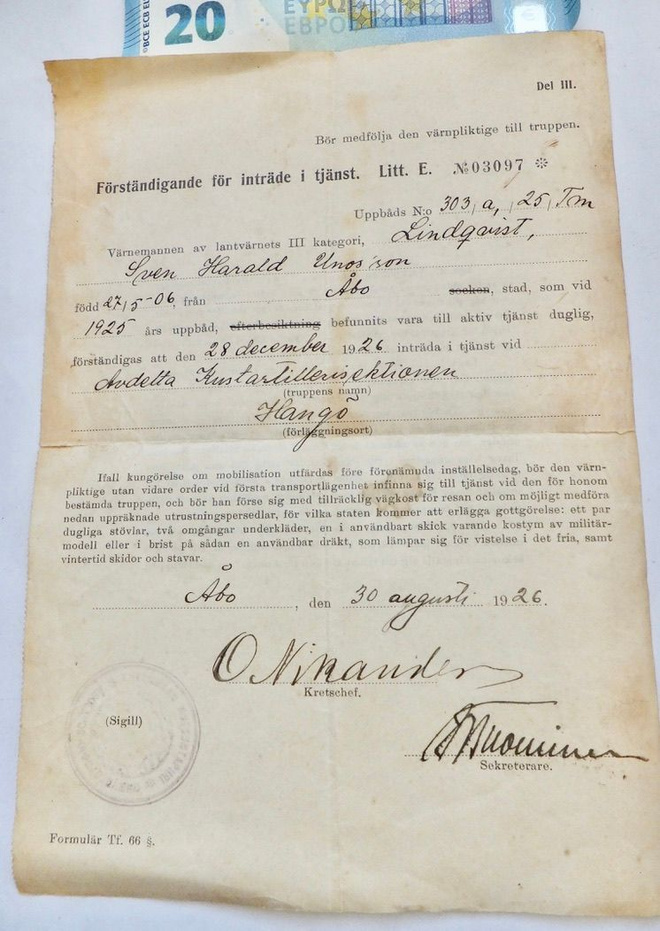 VANAH Kutsuntatodistus 1926 Rannikkotykistö