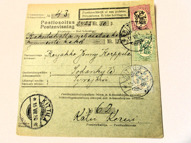1930 Kittilä postiosoitus Sodankylään
