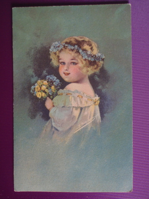 Tyttö kukkakimppu kädessä WANHA 1925