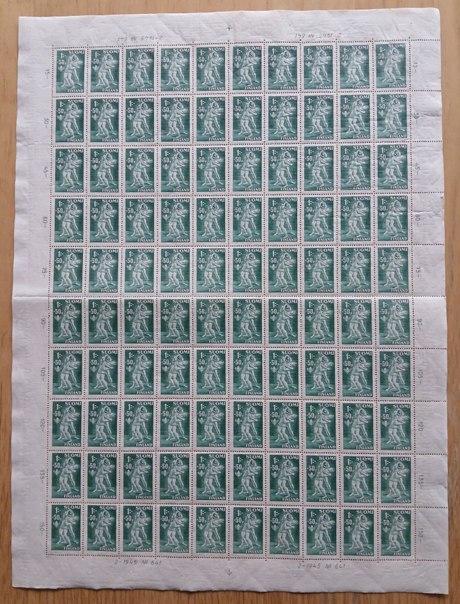 16.4.1945 Urheilimerkkejä. 1mk+50p vihreäarkki. LAPE 286**