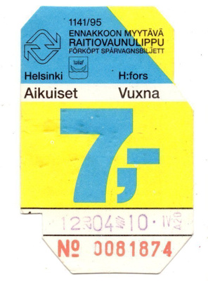 HELSINKI RAITIOVAUNULIPPU VUODELTA 1995