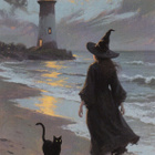 Halloween noita ja kissa rannalla, majakka - pikkukuva 1