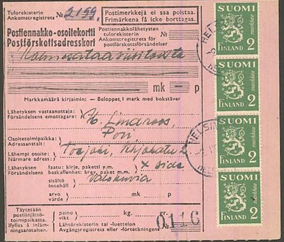 M30 1945 2mk vihreä leijona 4 kpl postiennakkoristiside