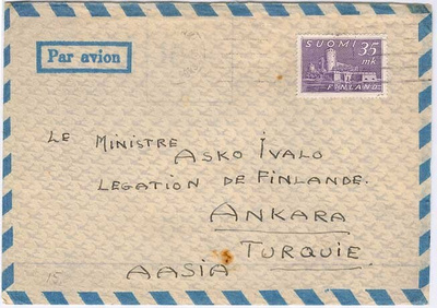 M30 1949 35mk Olavinlinna lentokuori Turkkiin